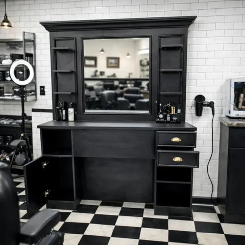 Barber Bedienungsplatz Vintage – Friseur Arbeitsplatz BAN mit Spiegel, schwarzer Vintage-Industrial Stil.