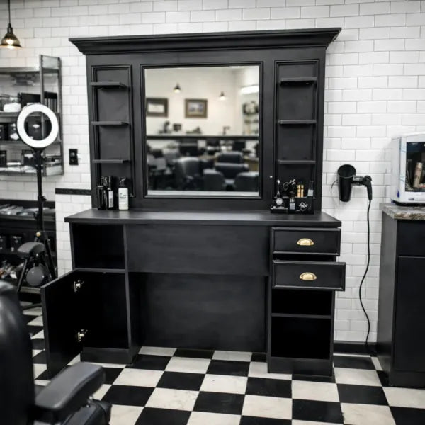 Barber Bedienungsplatz Vintage – Friseur Arbeitsplatz BAN mit Spiegel, schwarzer Vintage-Industrial Stil.