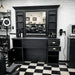 Barber Bedienungsplatz Vintage – Friseur Arbeitsplatz BAN mit Spiegel, schwarzer Vintage-Industrial Stil.
