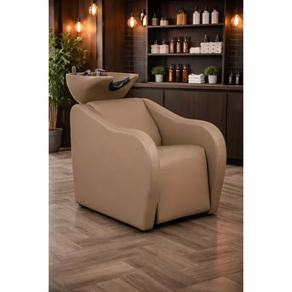 VELARIS AIR Earth Friseurwaschbecken im mocha-beige, Rückwärtswaschbecken mit elektrischer Fußstütze