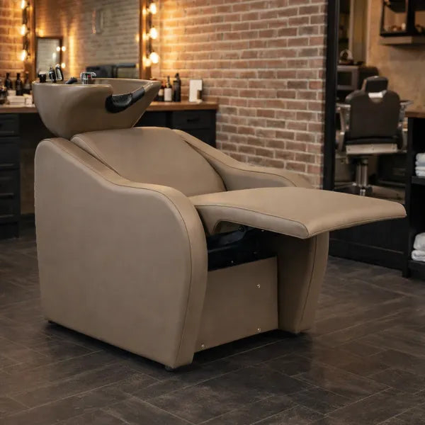 Friseur-Waschbecken mit elektrischer Fußstütze, VELARIS AIR Earth, mocha-beige, Rückwärtswaschbecken im Salon