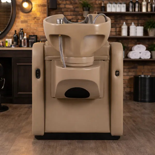 Beiges Friseur Waschbecken mit elektrischer Fußstütze, Rückwärtswaschbecken AIR Earth im Luxus-Salon