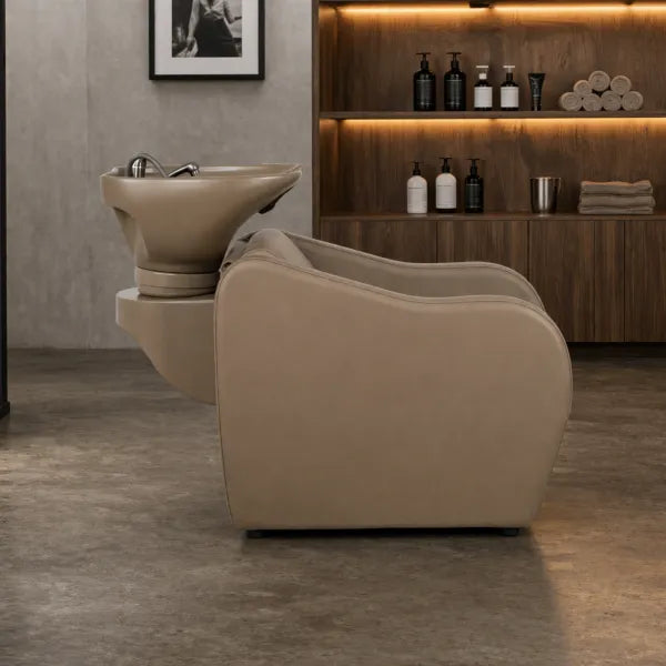 Friseur-Waschbecken AIR Earth beige mit elektrischer Fußstütze, Rückwärtswaschen im Salon