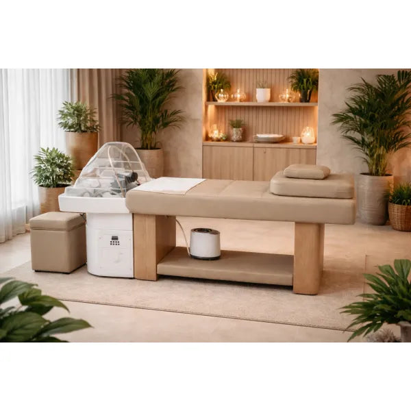 Headspa-Liege mit weißem Waschbecken – NUKI Kopfspa-Waschstation für professionelle Spa-Behandlungen.