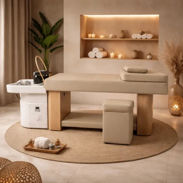 NUKI Kopfspa Waschstation mit weißem Waschbecken neben beiger Wellness-Liege aus Holz