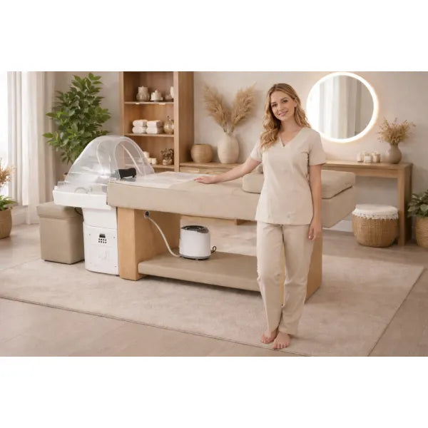 Headspa Liege Wellness mit NUKI Kopfspa und weißem Waschbecken in professionellem Spa-Salon