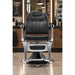 Professioneller Vintage-Barberstuhl in Schwarz-Silber mit Hydraulik, verstellbar und hochwertig gepolstert für den Friseurstuhl.