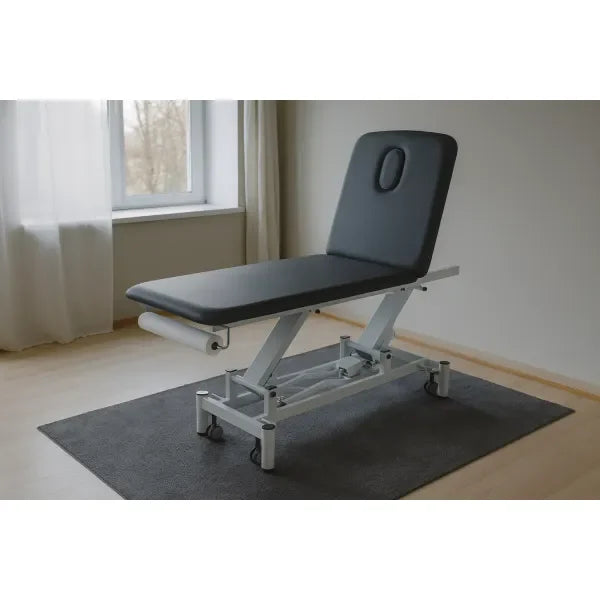 Therapieliege PRO 201 electric treatment table, gray, two-section with backrest to 80°, height-adjustable, wheels.