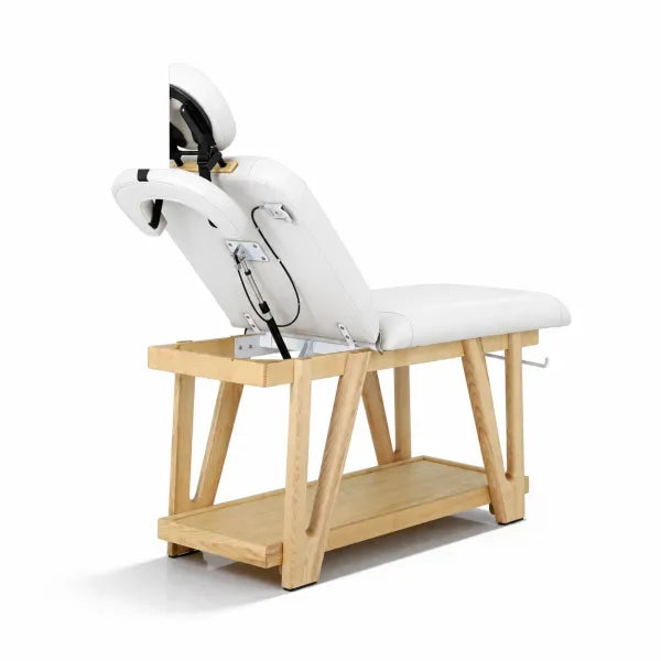 Holz-Massageliege Serr, 2-Zonen Spa-Frame mit weißem Kopfteil und Ablage für Praxis und Wellness.