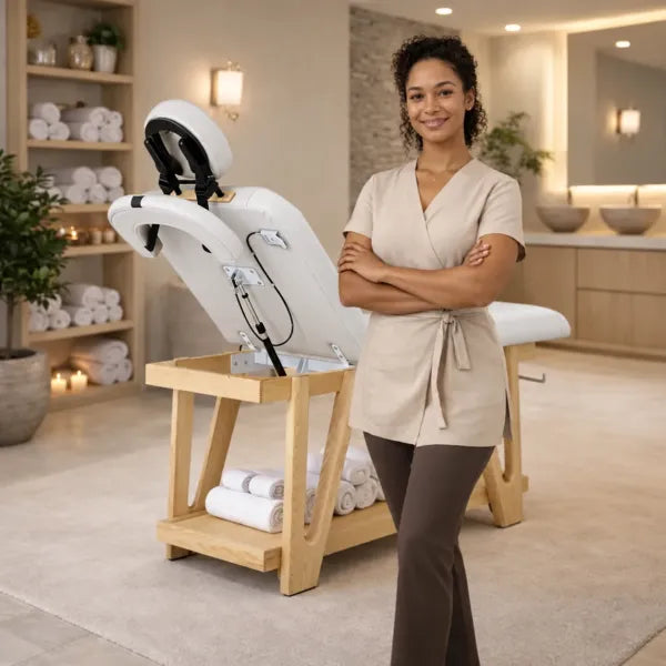 Holz-Massageliege mit Kopfteil im 2-Zonen-Design, ideal für Wellness, Kosmetikstudio und Therapiepraxis.