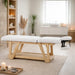 Massageliege Serr aus Holz mit weißem Polster, 2-Zonen Design und Kopfteil für Wellness und Kosmetik.