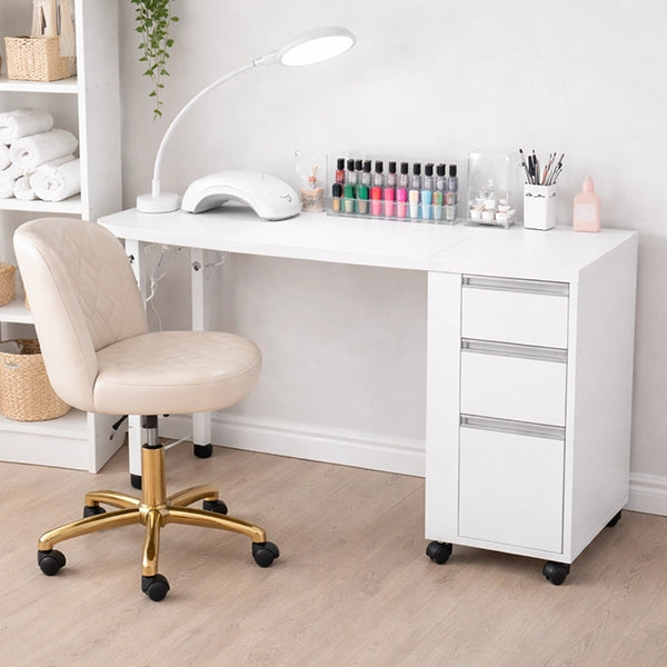 Klappbarer Manikürtisch, Nageltisch aus Holz in elegantem Weiß - Mit praktischen Schubladen und Rollen - Tiptop - Einrichtung