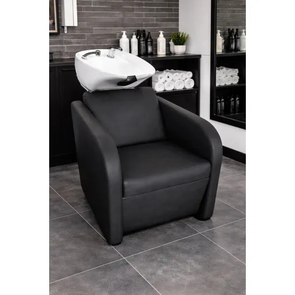 Friseur Waschbecken mit komfortablem Waschsessel in elegantem Schwarz, Friseurwaschbecken Medi - Tiptop - Einrichtung