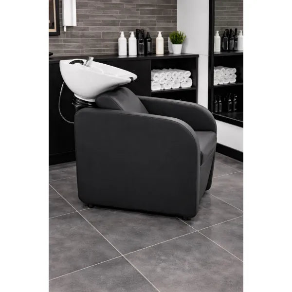 Friseur Waschbecken mit komfortablem Waschsessel in elegantem Schwarz, Friseurwaschbecken Medi - Tiptop - Einrichtung
