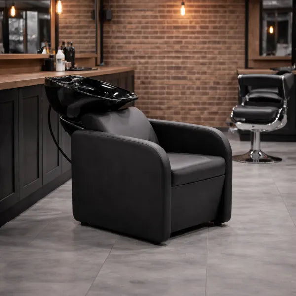 Friseur Waschbecken mit komfortablem Waschsessel in elegantem Schwarz, Friseurwaschbecken Medi - Tiptop - Einrichtung
