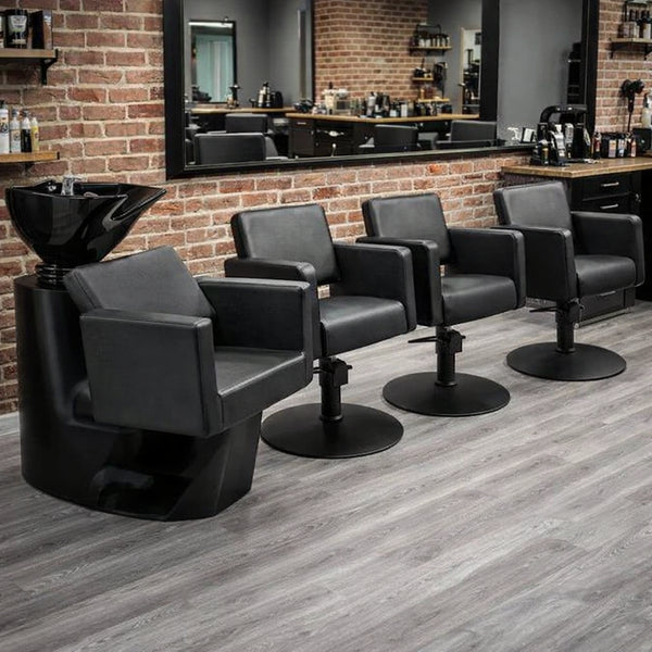 Friseurstuhl in eleganter Schwarz-Farbe, Luxuriöser Friseur stuhl Class R mit Runder Fuß für maximalen Komfort im Salon.