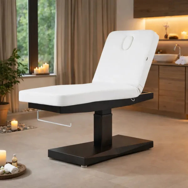 Elektrische Massageliege TRAPP+ mit 2 Motoren, höhenverstellbar, PU Weiß, Spa und Kosmetikliege.