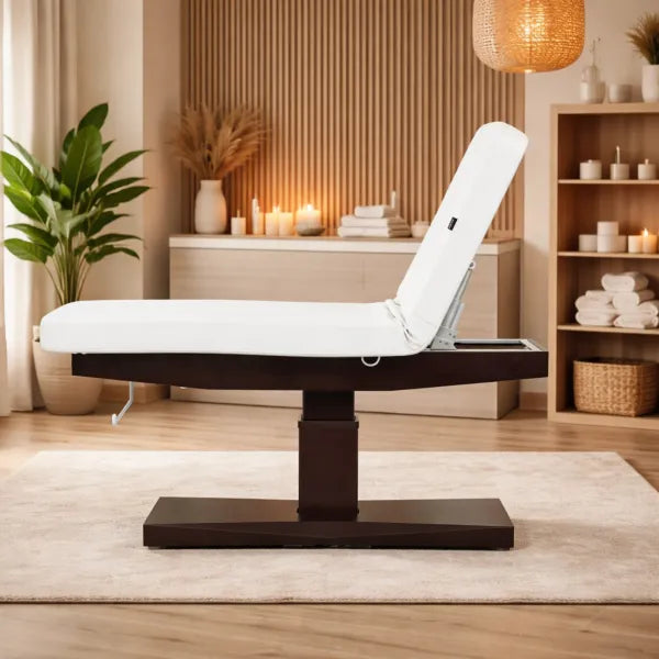 Elektrische Massageliege TRAPP+ mit zwei Motoren, höhenverstellbar, PU Weiß, Spa-/Kosmetikliege im Studio.