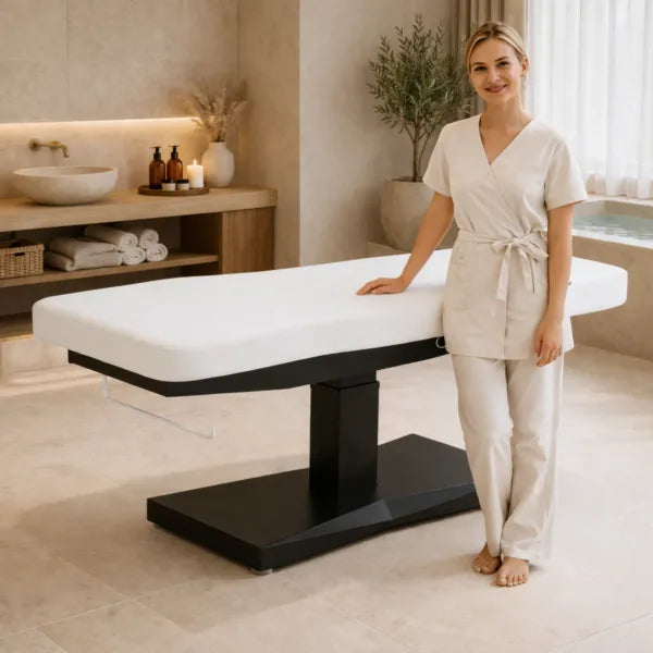 TRAPP+ elektrische Massageliege mit 2 Motoren, höhenverstellbar, PU Weiß, Spa- und Kosmetikstudio-Umgebung