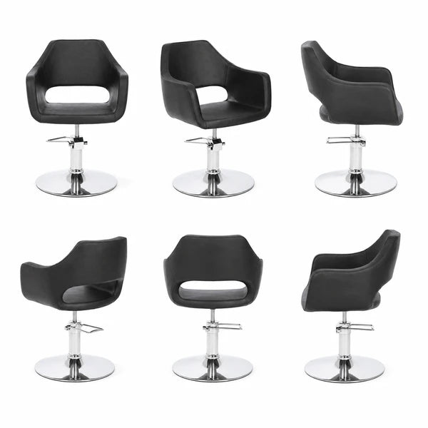 Friseurstuhl WEDGE in Schwarz mit einteiligem Sitz, Hydraulik – moderner Profi-Stylingstuhl; verschiedene Ansichten