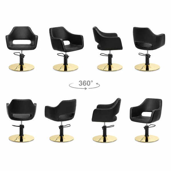 Friseurstuhl WEDGE in Schwarz mit einteiligem Sitz, hydraulischer Lift und goldener Rundfuß – 360°-Ansicht
