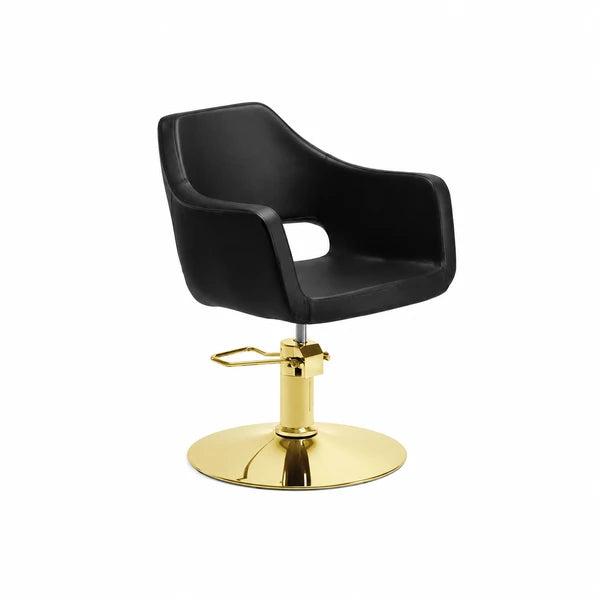 Schwarzer Friseurstuhl WEDGE mit goldener Rundbasis und Hydraulik – moderner Profi-Stylingstuhl