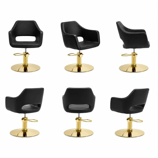Luxuriöser Friseur-Stuhl WEDGE in Schwarz mit goldener Basis – moderner Profi-Stylingstuhl für Friseursalons
