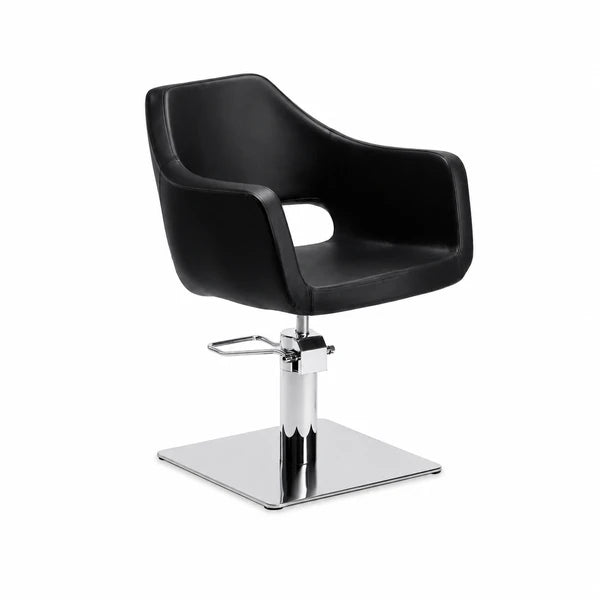 Friseurstuhl WEDGE in elegantem Schwarz mit Chrom-Basis, Hydraulik und einteiligem Sitz.