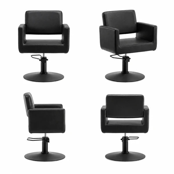 Friseurstuhl Zopf in Schwarz – eleganter Profi-Salonstuhl mit Edelstahl-Basis.