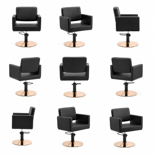 Friseurstuhl Zopf in Schwarz mit Edelstahl-Basis; eleganter Profi-Stylingstuhl mit einteiligem Sitz.