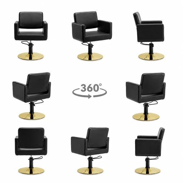 Friseurstuhl Zopf in Schwarz mit goldener Rundbasis, einteiliger Sitz, 360°-Ansicht
