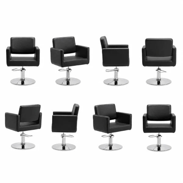 Luxuriöser Friseurstuhl Zopf in Schwarz mit Edelstahl-Basis und einteiligem Sitzdesign - ideal für Friseursalons.