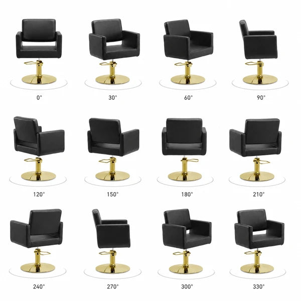 Friseurstuhl Zopf in elegantem Schwarz mit goldener Edelstahl-Basis, einteiligem Sitz – luxuriöser Profi-Stylingstuhl.