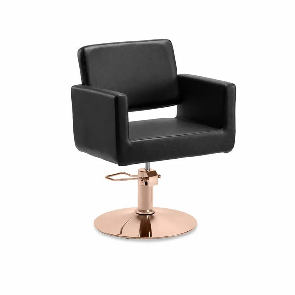 Friseurstuhl Zopf, schwarzer Profi-Stylingstuhl auf Roségold-Basis mit einteiligem Sitz.