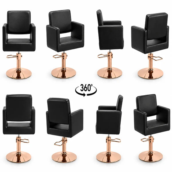 Friseurstuhl Zopf in Schwarz mit rosegoldener Basis, 360° Drehfunktion, robuster Profi-Stuhl