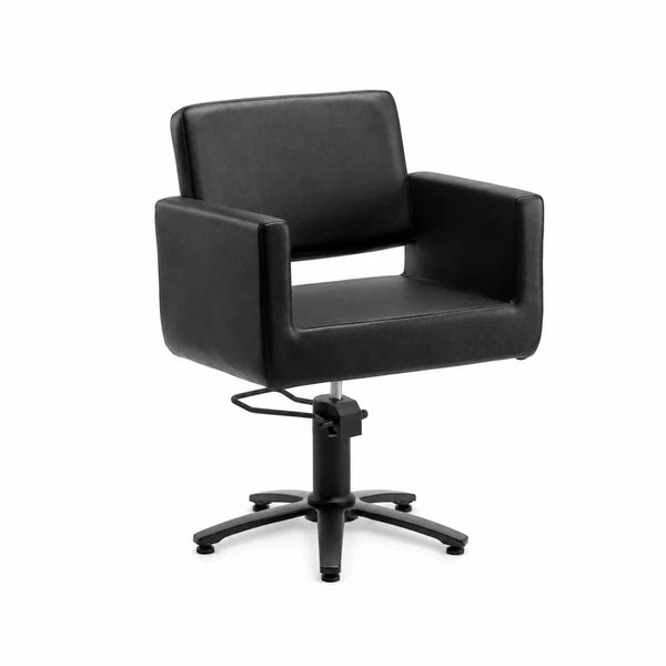 Schwarzer Friseurstuhl Zopf: eleganter Profi-Stylingstuhl mit Armlehnen, einteiligem Sitz, stabiler Edelstahl-Basis.