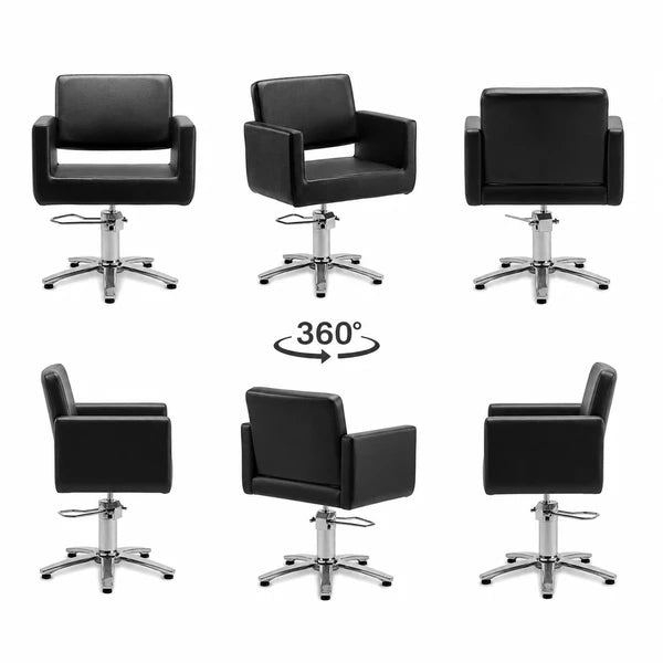 Schwarzer Luxuriöser Friseurstuhl Zopf mit Edelstahl-Basis, einteiligem Sitz, 360° Drehung