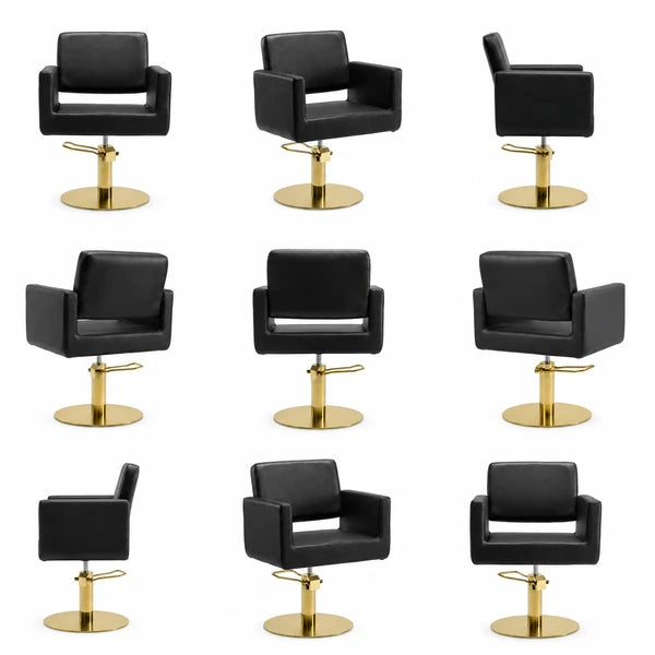 Friseurstuhl Zopf in Schwarz mit goldener Rundbasis; eleganter Profi-Stylingstuhl, langlebig und robust.