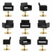 Friseurstuhl Zopf in Schwarz mit goldener Rundbasis; eleganter Profi-Stylingstuhl, langlebig und robust.