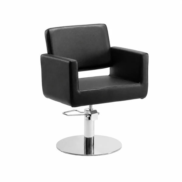 Schwarzer Friseurstuhl Zopf mit edler Edelstahl-Basis und einteiligem Sitzdesign.