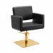 Friseurstuhl Zopf in Schwarz mit goldener Edelstahl-Basis und quadratischer Platte.