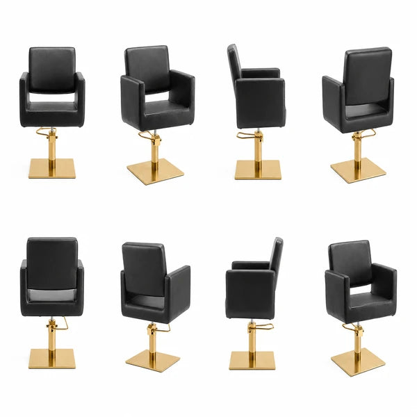 Mehrere Friseurstühle Zopf in schwarzer Farbe mit goldener Basis, eleganter Profi-Stylingstuhl für Friseursalons