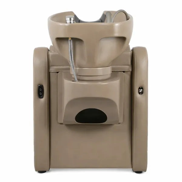 VELARIS AIR Earth Friseurwaschbecken in Beige mit elektrischer Fußstütze – luxuriöses Rückwärtswaschbecken-Design