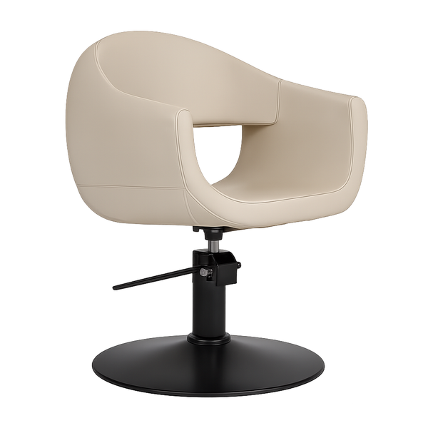 Friseurstuhl GLAM – cremefarbene Polsterung, Premium-Hydraulik, komfortabler Sitz, elegantes Salon-Design.