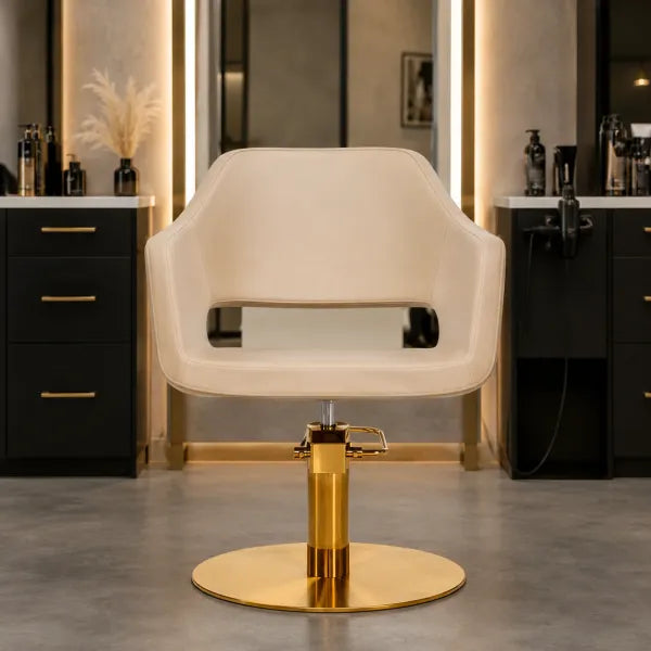 Friseurstuhl in eleganter Schwarz-Farbe mit Schwarzer runder Fuß, Luxuriöser Friseur stuhl Whim R - Tiptop - Einrichtung