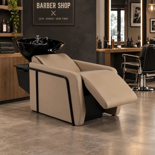 Friseurwaschbecken Pheram in Schwarz mit ergonomischem Waschbecken und motorischer Steuerung im Friseursalon