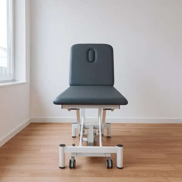 Electric therapy couch PRO 201 in gray for clinic with adjustable height 43.5-90.5 cm and backrest to 80°.