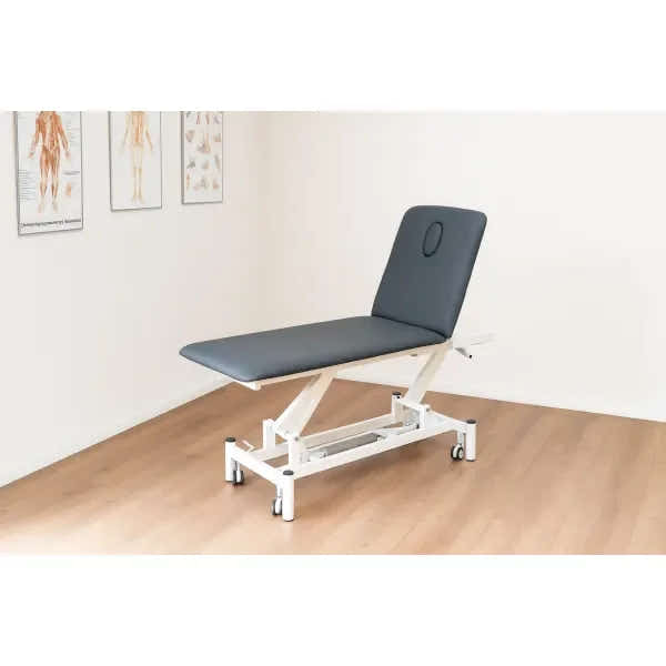 Electric therapy couch PRO 201 in gray for clinic with adjustable height 43.5-90.5 cm and backrest to 80°.