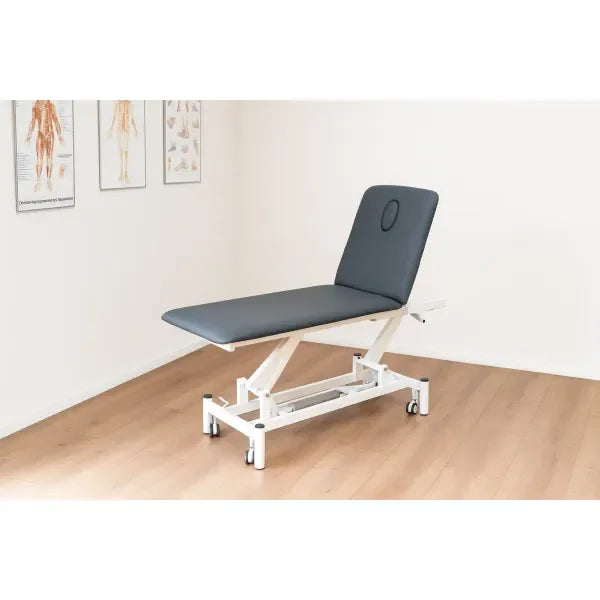Electric therapy couch PRO 201 in gray for clinic with adjustable height 43.5-90.5 cm and backrest to 80°.