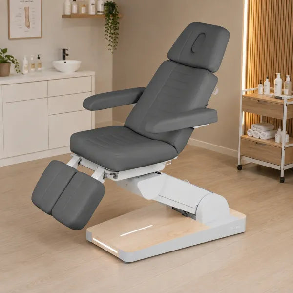Nuuna P3 Pro Fußpflegestuhl – elektrischer Podologiestuhl mit 3 Motoren, graue Polsterung, für Pediküre und Fußpflege
